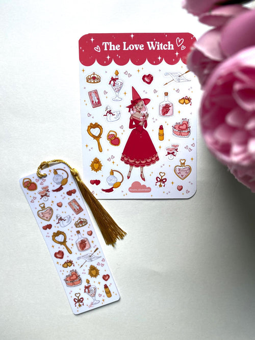 Lot de papeterie "The Love Witch" - Marque-Page Laminé + Planche de Stickers - Illustration Magique & Romantique - Cadeau Saint Valentin