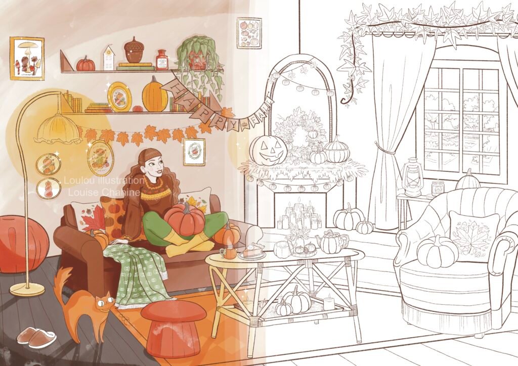 Coloriage salon d'automne à imprimer, aperçu à moitié colorié, salon cosy automnal à colorier, Loulou Illustration