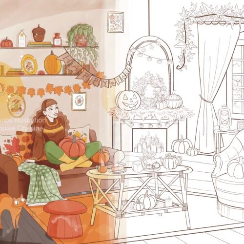 Coloriage salon d'automne à imprimer — aperçu à moitié colorié, salon cosy automnal à colorier, Loulou Illustration