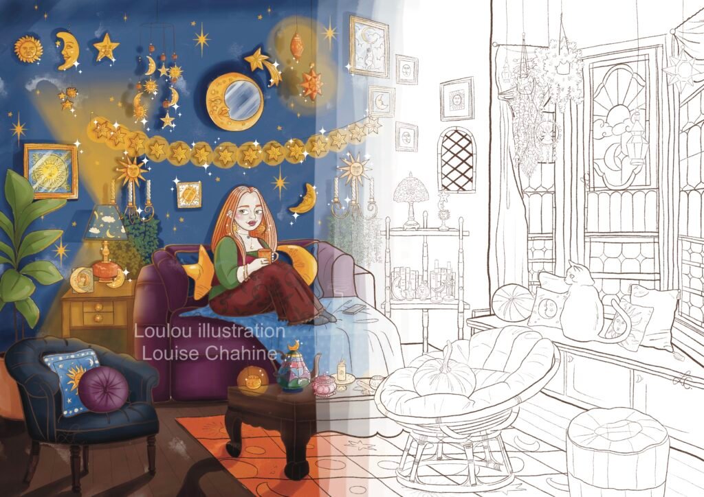 Coloriage salon céleste à imprimer, aperçu à moitié colorié, salon lunaire étoilé à colorier, Loulou Illustration