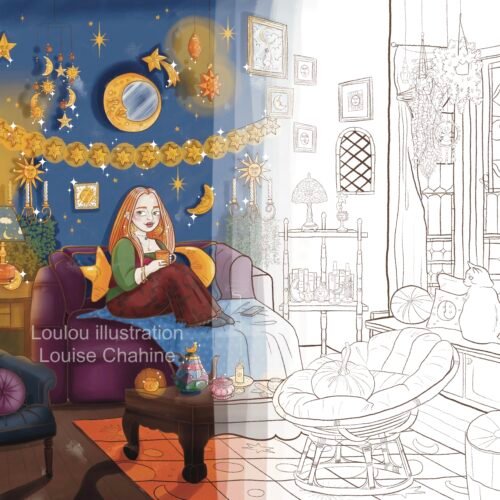Coloriage salon céleste à imprimer — aperçu à moitié colorié, salon lunaire étoilé à colorier, Loulou Illustration