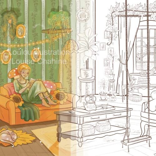 Coloriage salon à imprimer — aperçu à moitié colorié : fille lisant dans un salon cottagecore, illustration originale Loulou Illustration à colorier