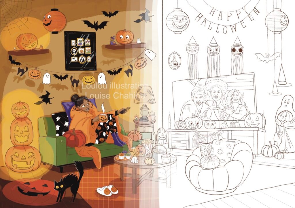 Coloriage salon d'Halloween à imprimer, aperçu à moitié colorié, salon witchy à colorier, Loulou Illustration
