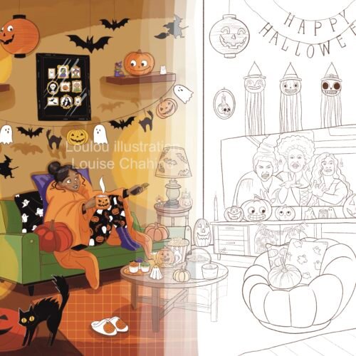 Coloriage salon d'Halloween à imprimer — aperçu à moitié colorié, salon witchy à colorier, Loulou Illustration