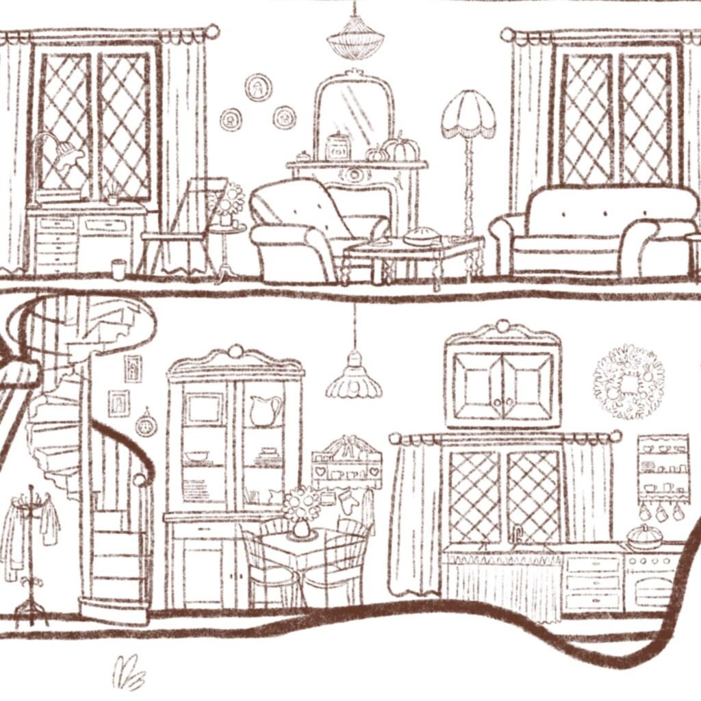 Coloriage cottagecore à imprimer, vue 2, illustration faite main Loulou