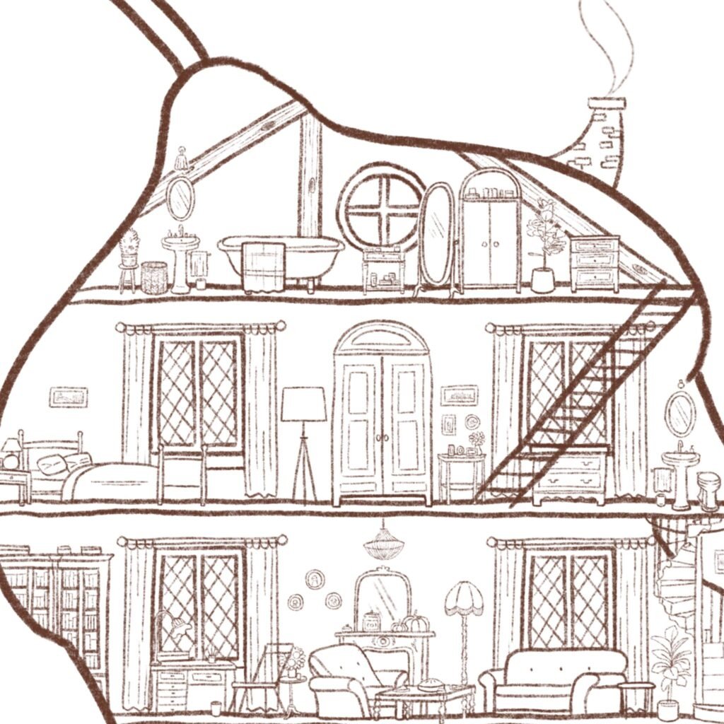 Coloriage cottagecore à imprimer, vue 1, illustration faite main Loulou