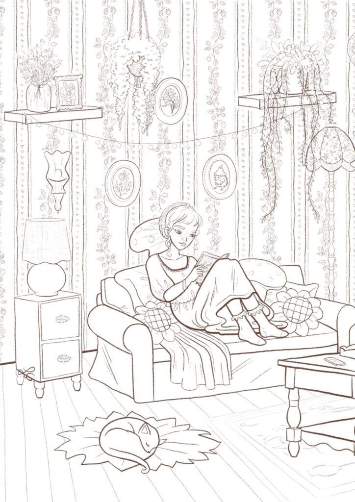 Coloriage à imprimer Fille dans son salon cottagecore, vue 1, illustration faite main Loulou