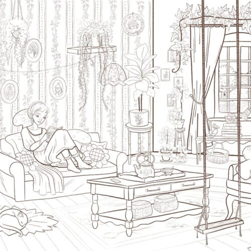 Coloriage à imprimer Fille dans son salon cottagecore