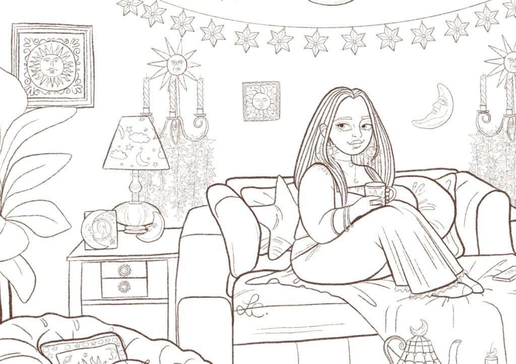 Coloriage à imprimer Fille dans son salon Celestial