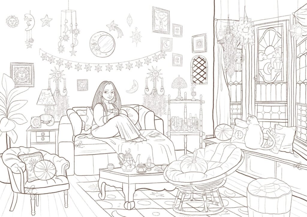 Coloriage à imprimer Fille dans son salon Celestial