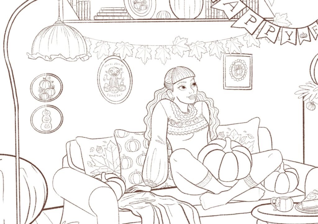 Coloriage à imprimer Fille dans son salon Automne