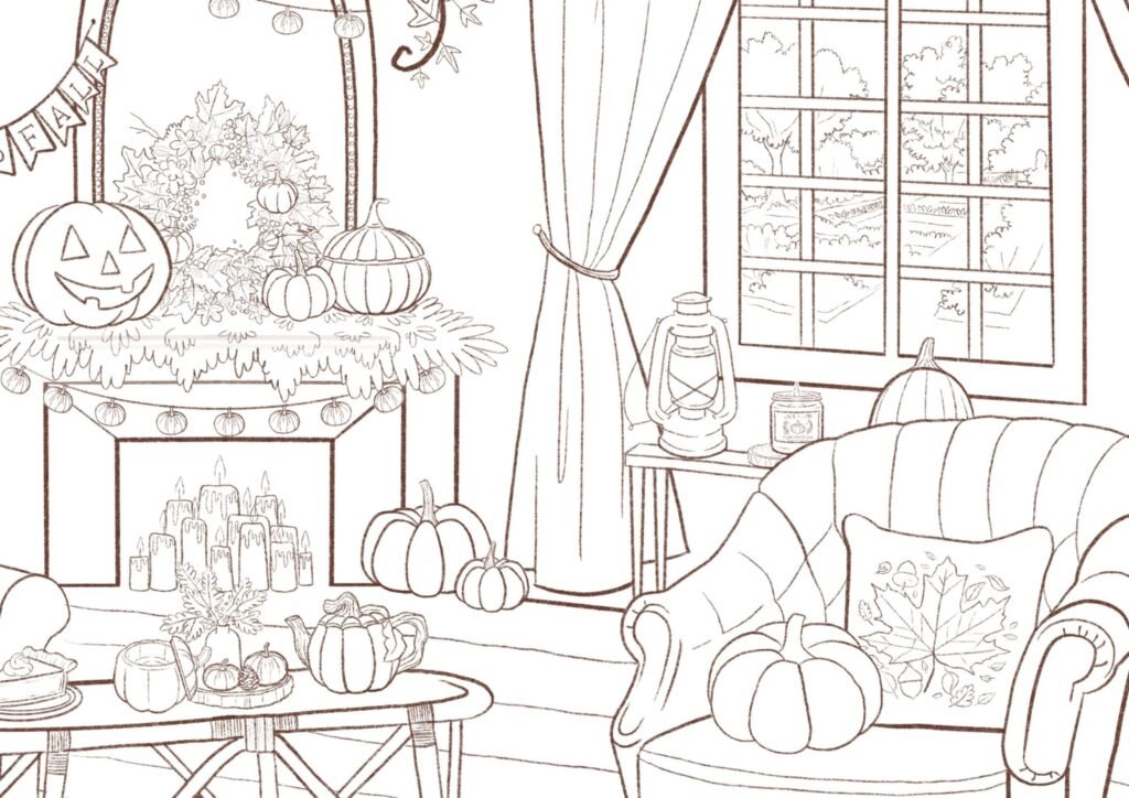 Coloriage à imprimer Fille dans son salon Automne