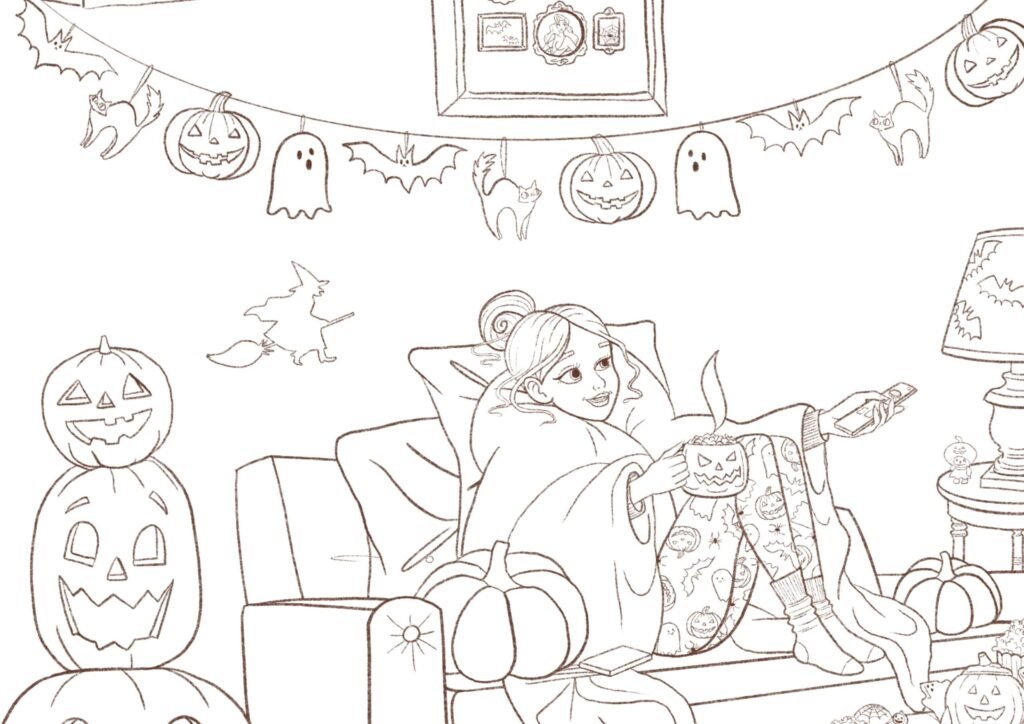 Coloriage à imprimer Fille dans son salon Halloween