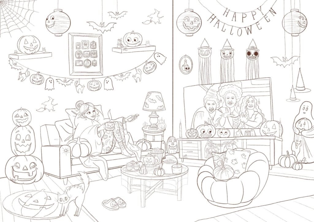 Coloriage à imprimer Fille dans son salon Halloween