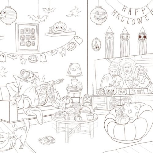 Coloriage à imprimer Fille dans son salon Halloween