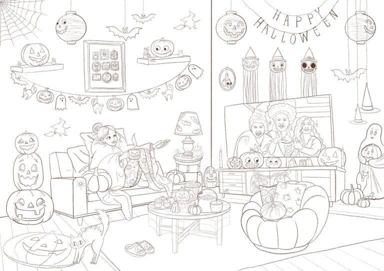 Coloriage à imprimer Fille dans son salon Halloween -…