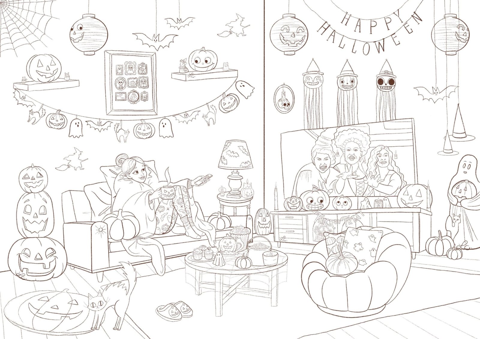 Coloriage à imprimer Fille dans son salon Halloween -…