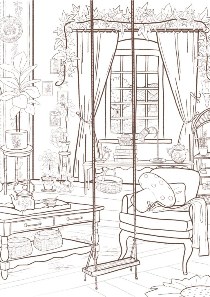 Coloriage à imprimer Fille dans son salon cottagecore, vue 2, illustration faite main Loulou
