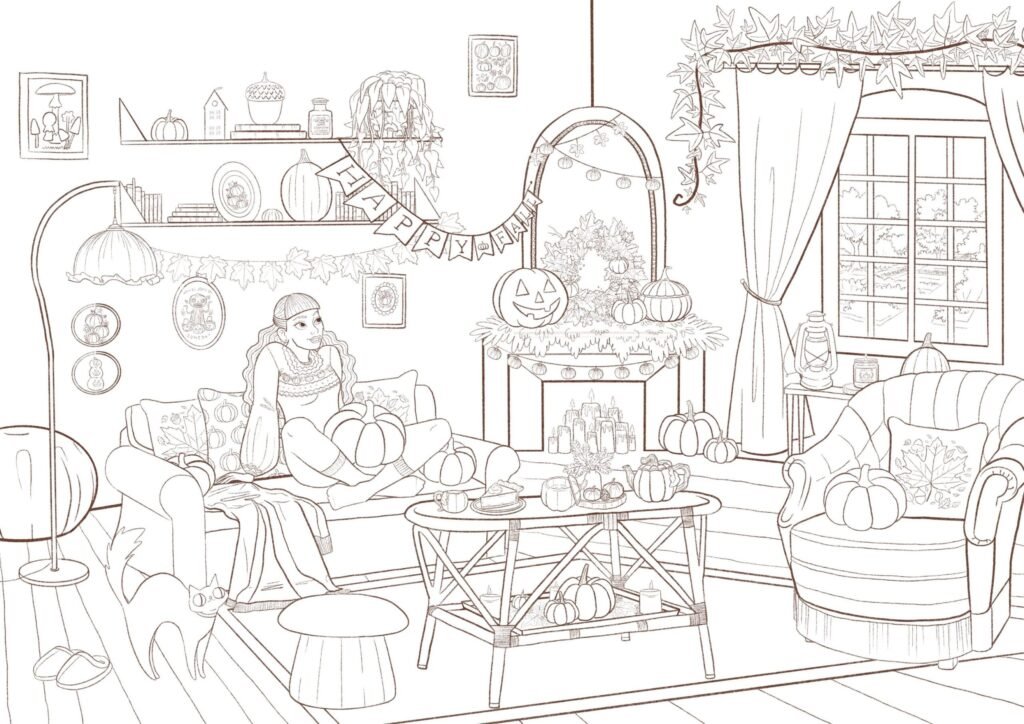 Coloriage à imprimer Fille dans son salon Automne