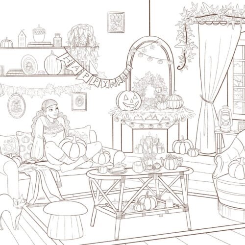 Coloriage à imprimer Fille dans son salon Automne