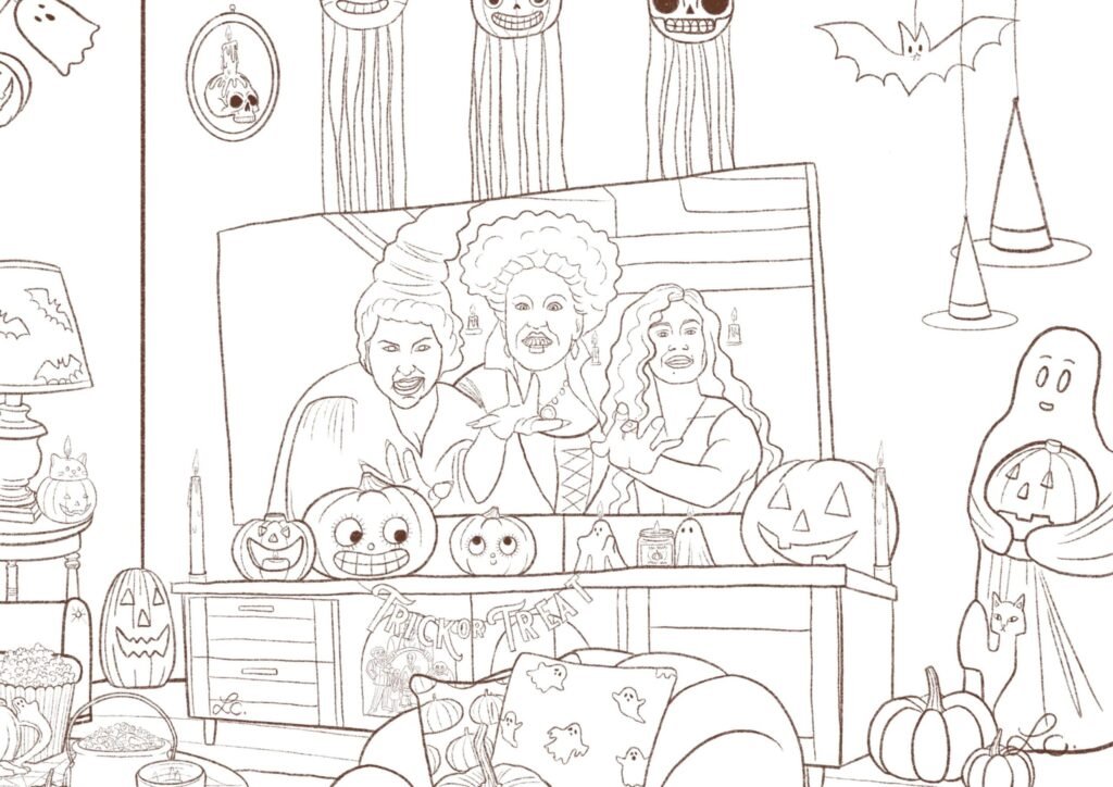 Coloriage à imprimer Fille dans son salon Halloween