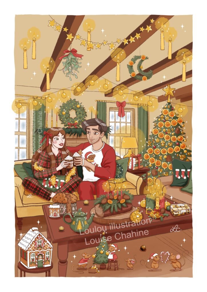 Coloriage à imprimer Noël au cottage, vue 1, illustration faite main Loulou