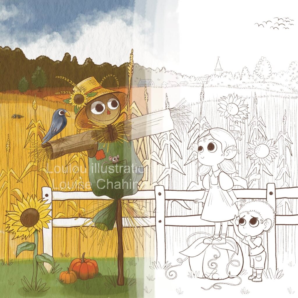 Coloriage à imprimer Épouvantail Halloween — illustration en noir et blanc à colorier, Loulou Illustration