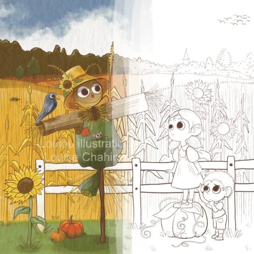 Coloriage à imprimer Épouvantail Halloween — illustration en noir et blanc à colorier, Loulou Illustration