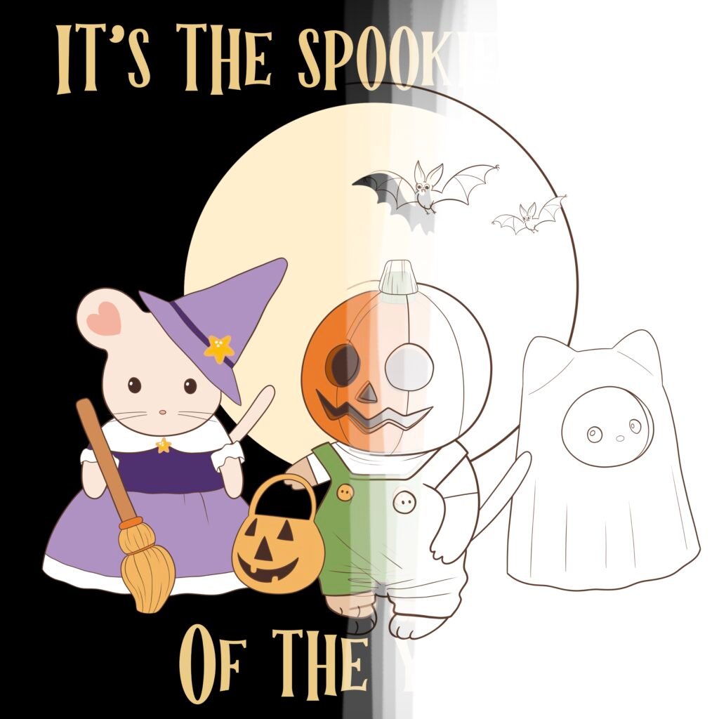 Coloriage à imprimer Halloween Cute Friends — illustration en noir et blanc à colorier, Loulou Illustration