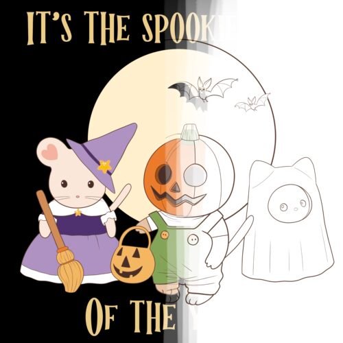 Coloriage à imprimer Halloween Cute Friends — illustration en noir et blanc à colorier, Loulou Illustration