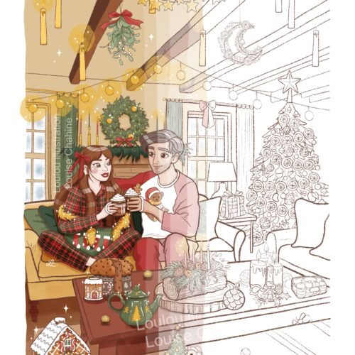 Coloriage à imprimer Noël au cottage — illustration en noir et blanc à colorier, Loulou Illustration