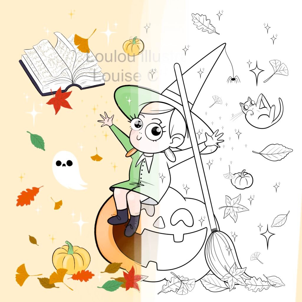 Coloriage à imprimer Petite Sorcière Mignonne Halloween — illustration en noir et blanc à colorier, Loulou Illustration