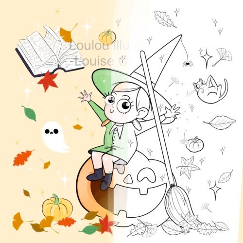 Coloriage à imprimer Petite Sorcière Mignonne Halloween — illustration en noir et blanc à colorier, Loulou Illustration