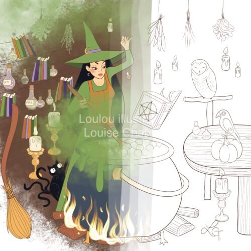 Coloriage à imprimer Sorcière et son chaudron — illustration en noir et blanc à colorier, Loulou Illustration