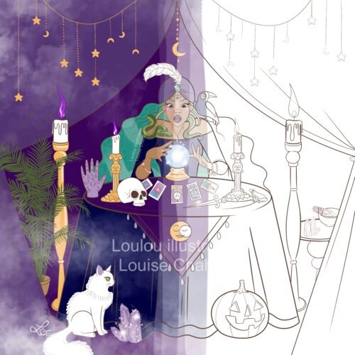 Coloriage à imprimer Sorcière voyante — illustration en noir et blanc à colorier, Loulou Illustration
