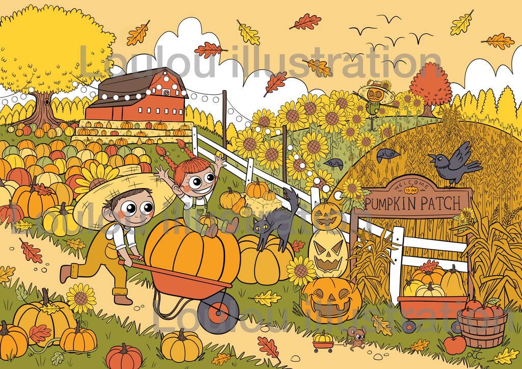 Coloriage Halloween citrouilles, aperçu de la planche à imprimer, Loulou