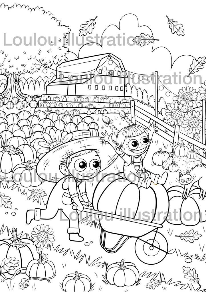 Exemple du coloriage Halloween citrouilles une fois colorié, Loulou Illustration