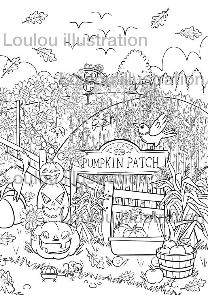 Coloriage Halloween à imprimer pour enfants, motif citrouilles, Loulou