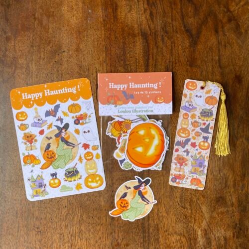 Collection Halloween Happy Haunting complète : stickers, marque-page et papeterie assortis, Loulou