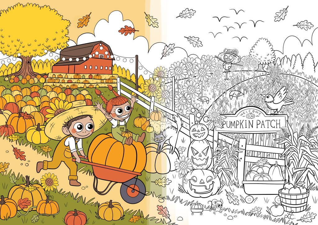 Coloriage Halloween à imprimer, ronde de citrouilles à colorier, illustration Loulou