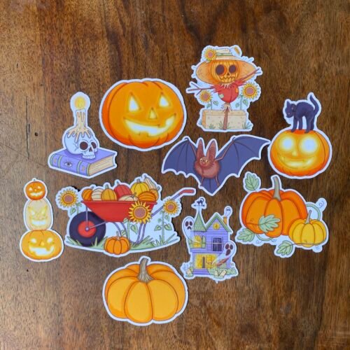 Lot de 10 stickers Halloween cottagecore : sorcières, chats noirs et citrouilles, Loulou