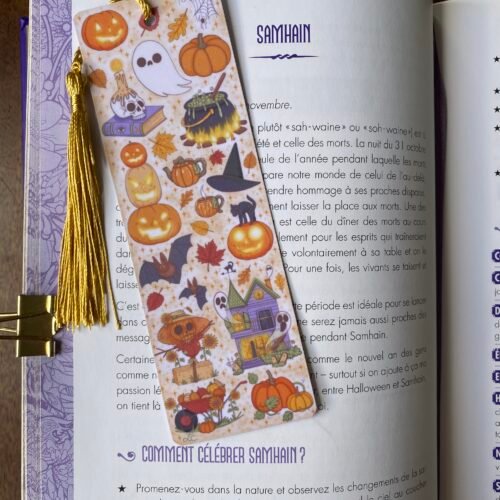 Marque-page Halloween laminé illustré d'une sorcière cottagecore, Loulou Illustration