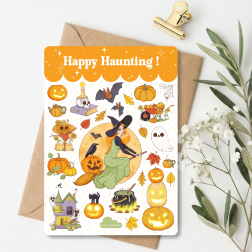 Planche de stickers Halloween cottagecore : citrouilles, chats noirs et sorcières, Loulou