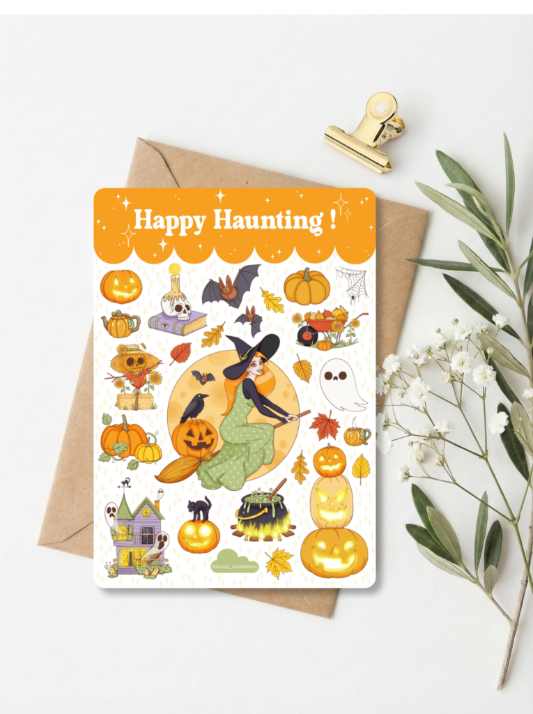 Planche de stickers Halloween cottagecore : citrouilles, chats noirs et sorcières, Loulou