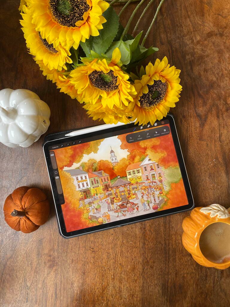 Coloriage détaillé Le festival de l’automne affiché sur une tablette, entouré de tournesols et de citrouilles, Loulou