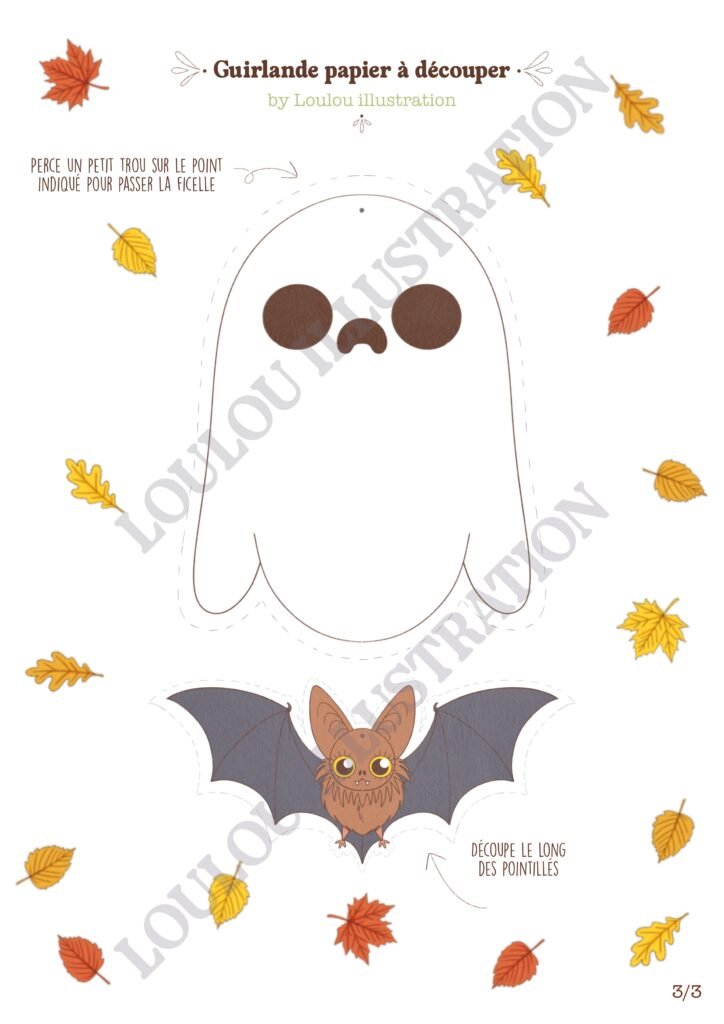 PDF de la guirlande Halloween à imprimer, page 3 sur 3 : fantôme et chauve-souris à découper, Loulou
