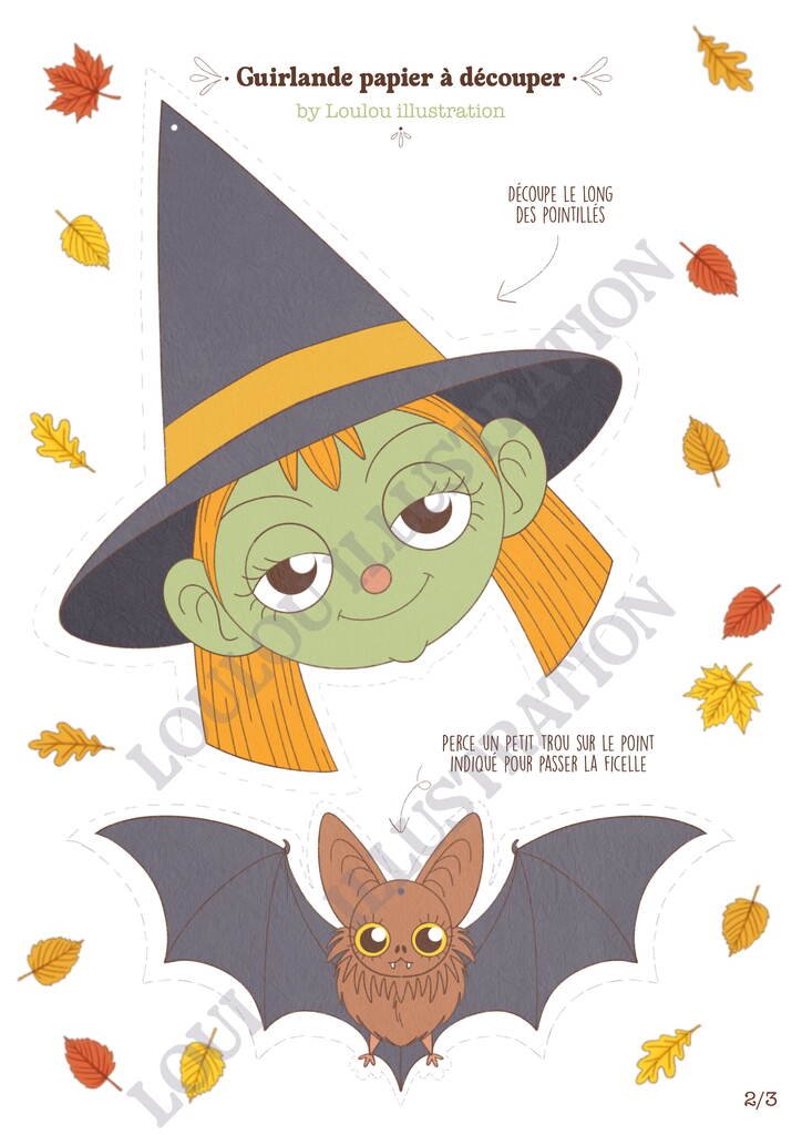PDF de la guirlande Halloween à imprimer, page 2 sur 3 : sorcière et chauve-souris à découper, Loulou