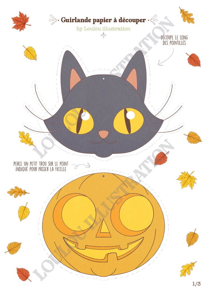 PDF de la guirlande Halloween à imprimer, page 1 sur 3 : tête de chat noir et citrouille à découper, Loulou