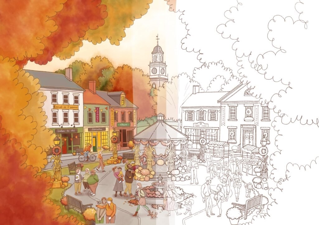 Coloriage détaillé à imprimer Le festival de l’automne : place de village sous des feuillages orangés, moitié en couleur, moitié à colorier, Loulou