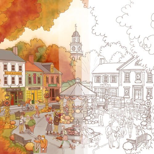 Coloriage détaillé à imprimer Le festival de l’automne : place de village sous des feuillages orangés, moitié en couleur, moitié à colorier, Loulou